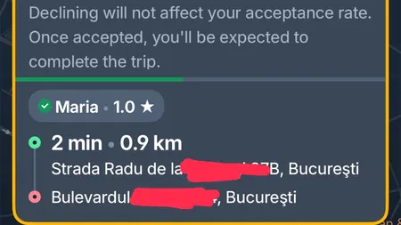 Cât a plătit Maria pentru o CURSĂ de doar 900 metri în București, cu Uber