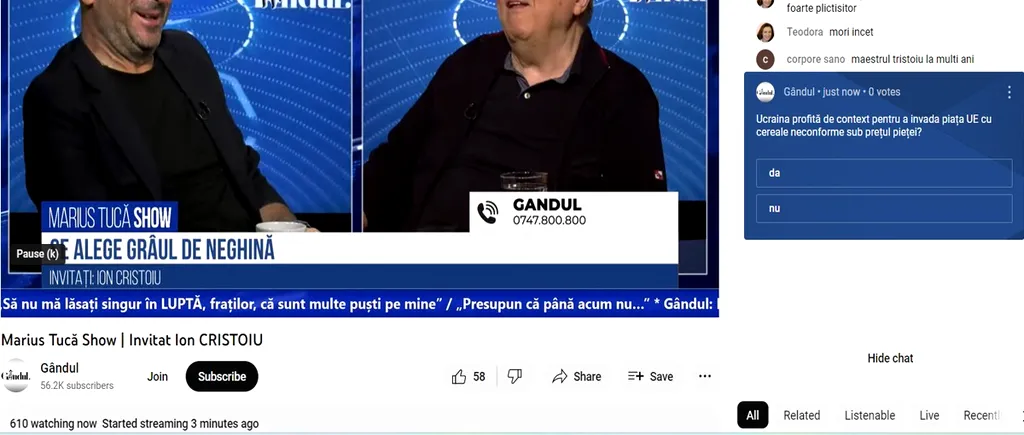 POLL Marius Tucă Show: ”Ucraina profită de context pentru a invada piața UE cu cereale neconforme sub prețul pieței?”