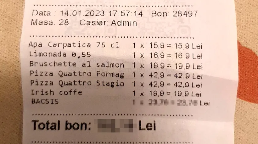 Ce sumă a fost obligat să lase bacșiș un client, pentru o notă de 159 de lei, într-un restaurant din Centrul Vechi din București. A venit direct pe nota de plată!