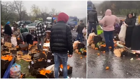 Zeci de oameni s-au înghesuit să strângă portocalele împrăștiate pe carosabil, după răsturnarea unui TIR în Mehedinți