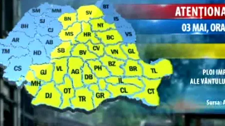 Cod galben de ploi și vânt în București și 29 de județe