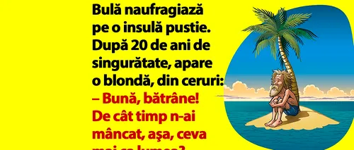 BANC | Bulă naufragiază pe o insulă pustie. După 20 de ani de singurătate, apare o blondă