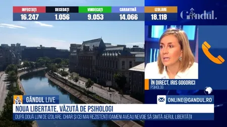 GÂNDUL LIVE. Psihologul Iris Gogorici, despre ieșirea din starea de urgență: Oamenilor le este greu să creadă în existența virusului atât timp cât nu au fost direct afectați. Cel mai probabil va exista un efect de compensare - VIDEO