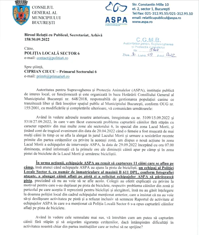 Autoritatea pentru Supravegherea și Protecția Animalelor (ASPA) a înștiințat Poliția Locală Sector 6 / Sursa foto: G4Media