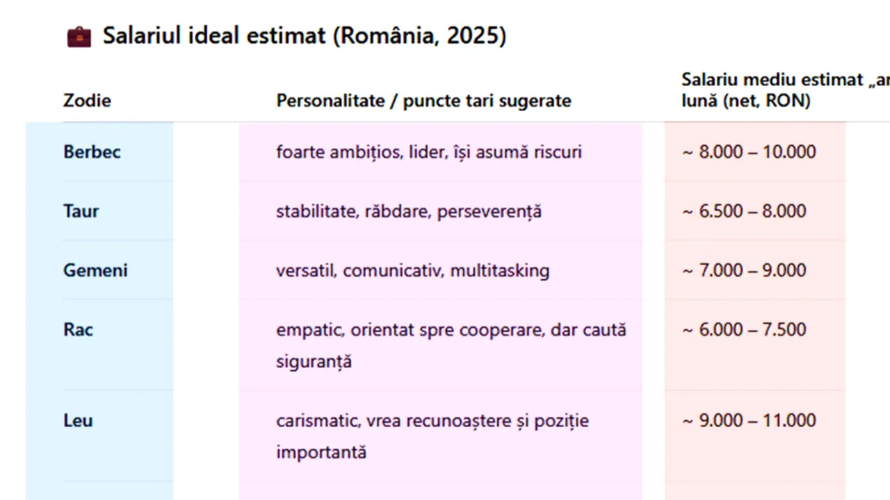 TABEL | Ce salariu ar trebui să primești în România, în 2025, în funcție de zodia ta