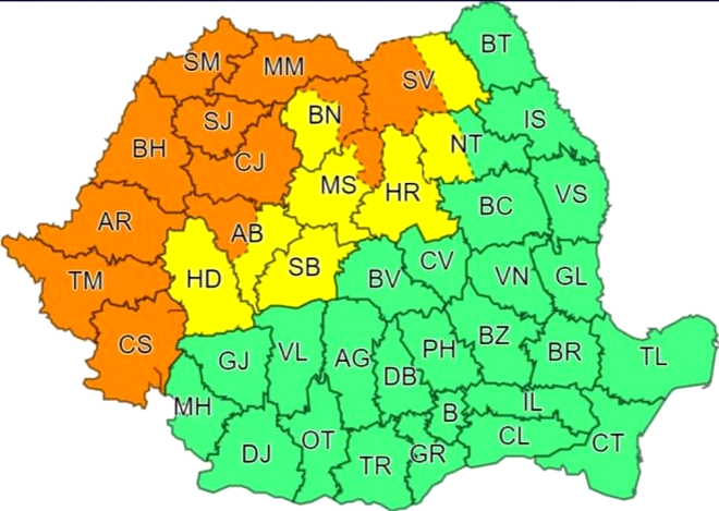 HARTĂ. Cod portocaliu de vremea rea în România. Meteorologii anunță ploi torențiale în 12 județe ale țării