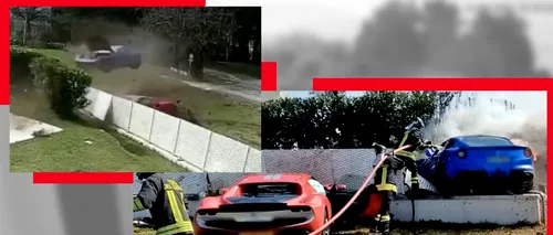 VIDEO: Două Ferrari se IZBESC, în același timp, de gardul unei vile. Camerele de supraveghere au surprins momentul în care mașinile de sute de mii de euro s-au făcut praf