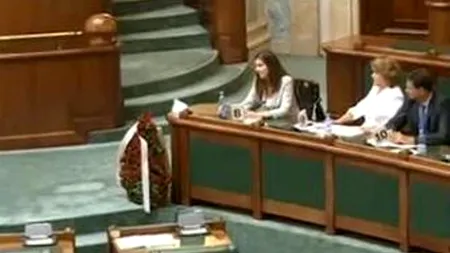Ministrul Finanțelor, Ioana Petrescu, a primit de la senatorii PNL o coroană funerară. 