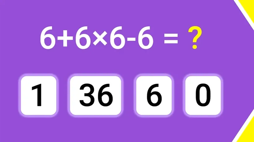 Test de inteligență | Alegeți varianta corectă: Cât face 6+6x6-6?