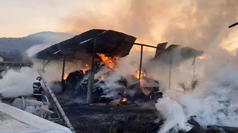 Mii de baloți de paie distruși de un incendiu izbucnit în două hale dintr-o localitate hunedoreană