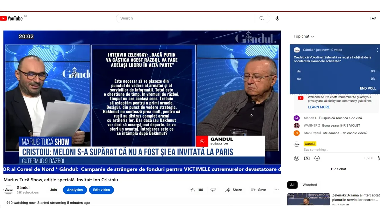 POLL Marius Tucă Show: „Credeți că Volodimir Zelenski va reuși să obțină de la occidentali avioanele solicitate?”
