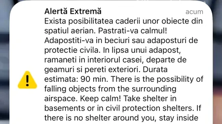 Nou mesaj RO-Alert în nordul județului Tulcea. Populația, avertizată cu privire la posibila cădere a unor obiecte din spațiul aerian