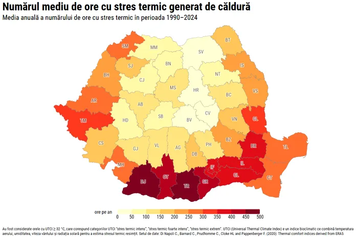 Harta numărului mediu anual de ore cu stres termic în România