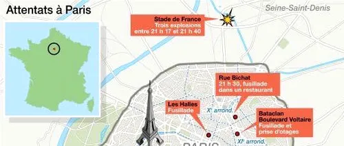 Harta zonelor din Paris afectate de atacurile teroriste de vineri. Unde s-au înregistrat cele mai multe victime 