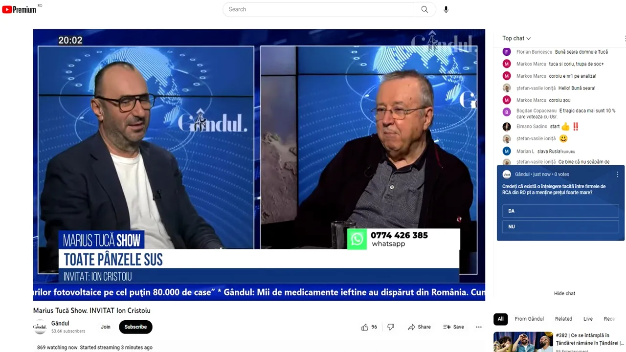 POLL Marius Tucă Show: „Credeți că există o înțelegere tacită între firmele de RCA din România pentru a menține prețul foarte mare?