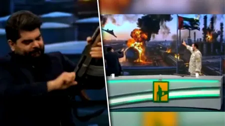 La o emisiune în direct de la televiziunea de stat iraniană, un prezentator a tras cu AK-47 într-un drapel al Emiratelor Arabe Unite