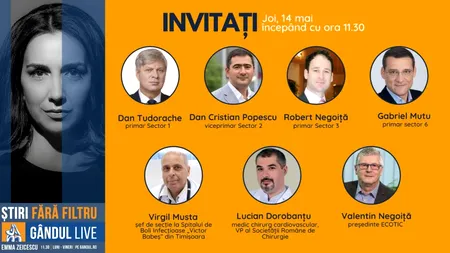 GÂNDUL LIVE. Edilii sectoarelor 1, 3 și 6 și viceprimarul sectorului 2 se află printre invitații Emmei Zeicescu în ediția de joi, 14 mai, de la ora 11.30