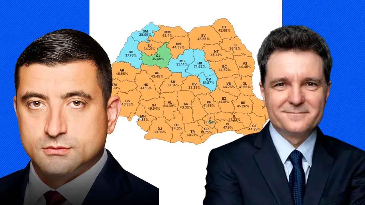HARTĂ. Rezultatele primului tur al alegerilor prezidențiale pe județe. Unde au obținut George Simion și Nicușor Dan cele mai multe voturi