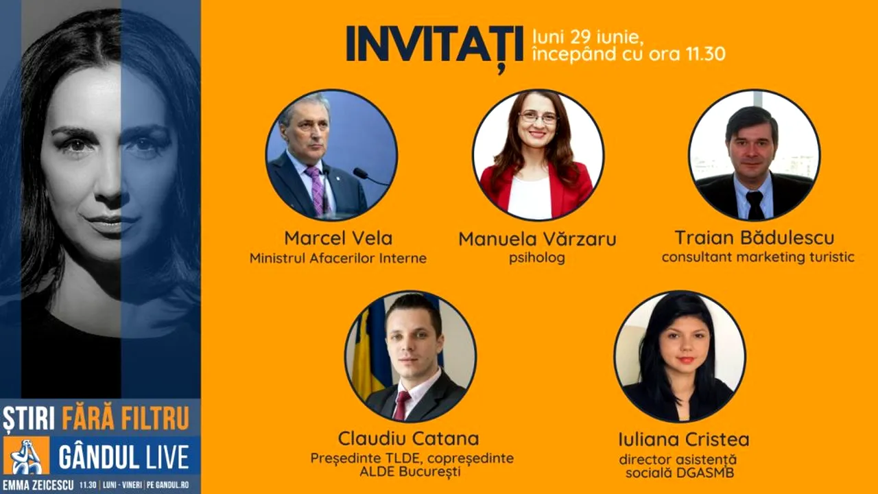 GÂNDUL LIVE. Ministrul de Interne, Marcel Vela, printre invitații Emmei Zeicescu, luni 29 iunie, de la ora 11.30