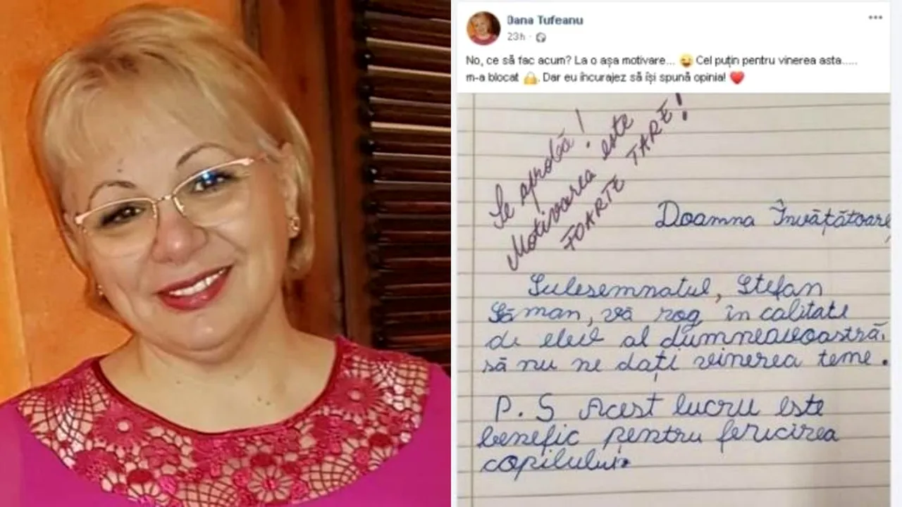 Învățătoarea care a acceptat să nu dea teme vineri, după ce un elev i-a explicat în scris că este un gest „benefic pentru fericirea copilului”, se află printre cele mai bune cadre didactice din Liga Profesorilor Excepționali