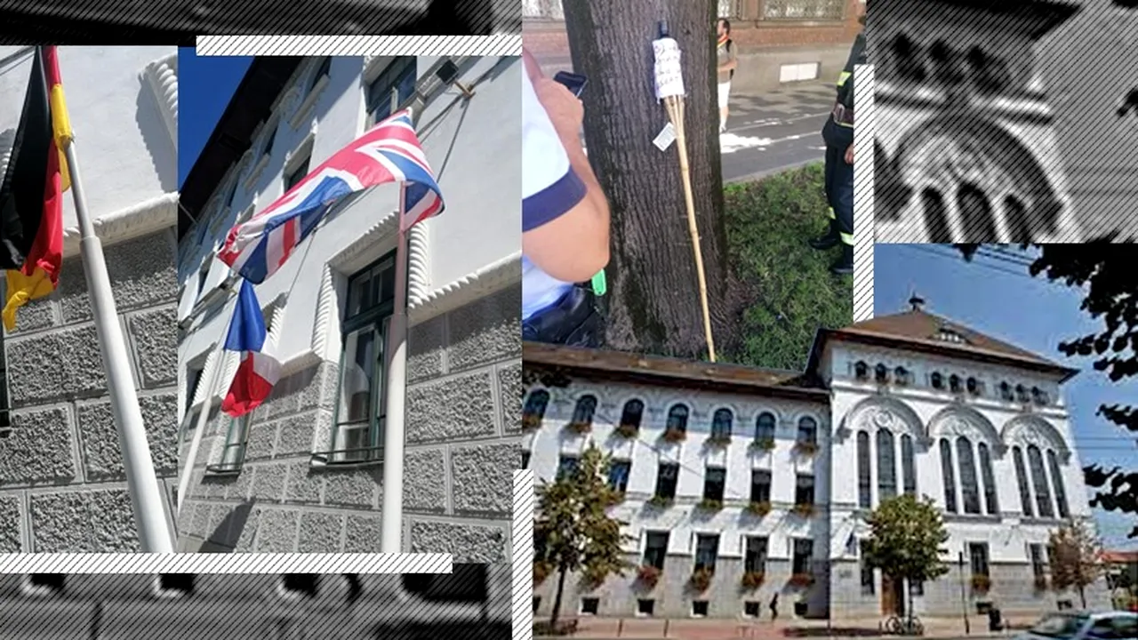 FOTO | Un bărbat a vrut să dea foc steagurilor din fața Primăriei Timișoara. Fritz: „O faptă penală ce putea ușor să ducă la incendierea primăriei. E vorba de huligani cu George Simion în frunte”