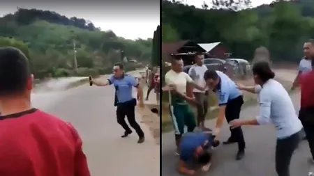 Bătaie ca-n filme între polițiști și localnici. Oamenii legii au pulverizat spray lacrimogen - VIDEO