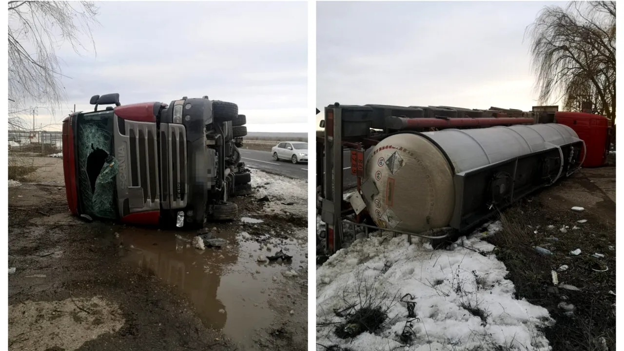 Un șofer bulgar s-a răsturnat cu TIR-ul încărcat cu acid clorhidric, într-o parcare din Vrancea. Ce manevră încerca să facă bărbatul