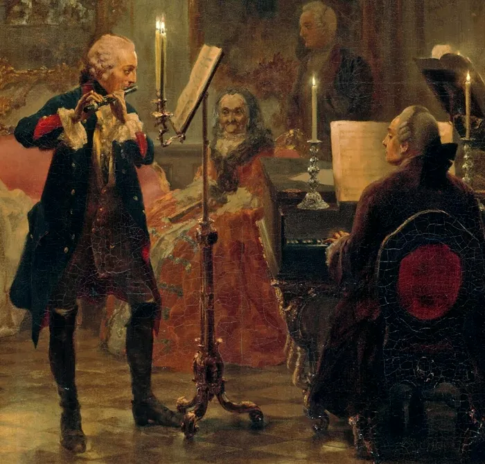 Frederic cel Mare cântă la flaut, în prezența lui Johann Sebastian Bach: A Pictură realizată de Adolph Menzel în 1852