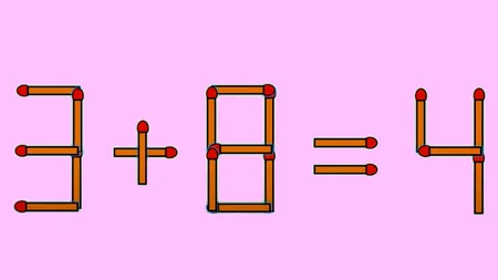 Test IQ exclusiv pentru genii | Mutați un singur chibrit, pentru a corecta 3 + 8 = 4