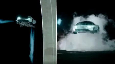 Elon Musk a dezvăluit întregii lumi prima mașină zburătoare Tesla la o cascadorie auto. Într-o secundă, s-a propulsat peste alte mașini parcate