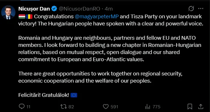 Nicușor Dan îl felicită în limba engleză pe Péter Magyar pentru victoria din Ungaria. 