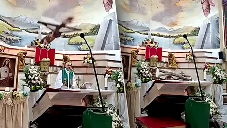 Un preot a murit strivit de o cruce, în timpul ce susținea o slujbă, în fața altarului, într-o biserică. Imaginile au fost transmise în direct