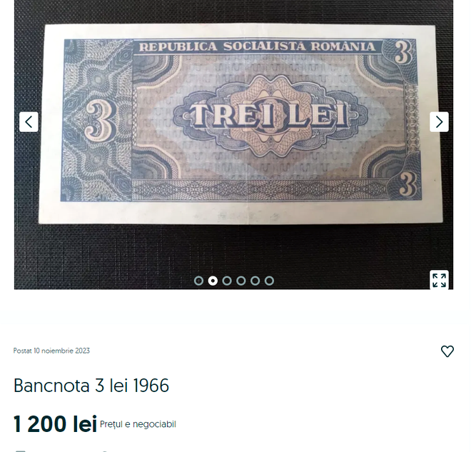 Bancnota comunistă de 3 lei se vinde acum, în noiembrie 2023, la un preț incredibil