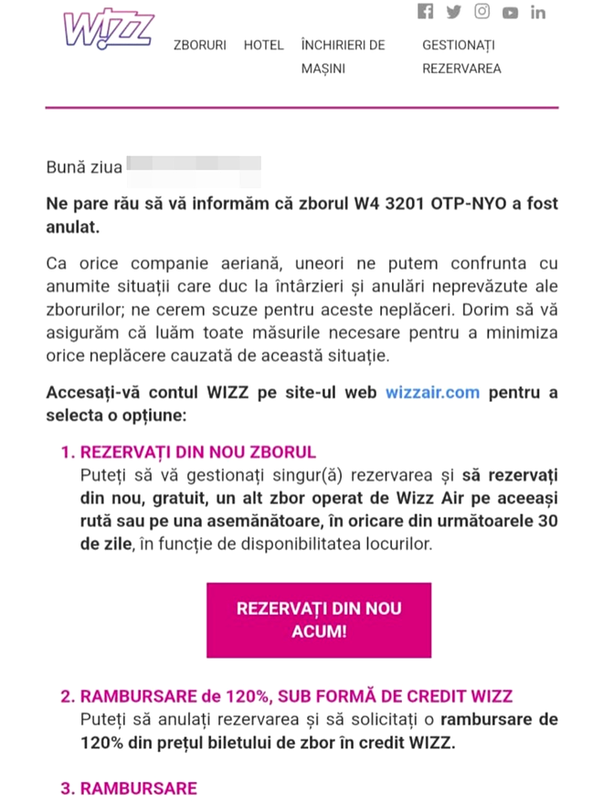 Mesajul primit de Cătălin de la Wizz Air privind anularea zborului