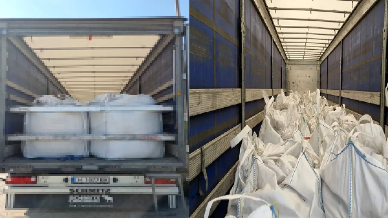 Aproape 17 tone de deşeuri din cauciuc, descoperite de vameșii din Giurgiu într-un TIR bulgăresc. Unde ar fi trebuit să ajungă încărcătura