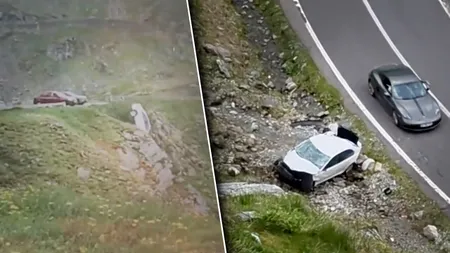 Imagini incredibile pe Transfăgărășan. O mașină s-a prăbușit în prăpastie pentru că șoferul s-a oprit să facă un selfie și a uitat să o blocheze