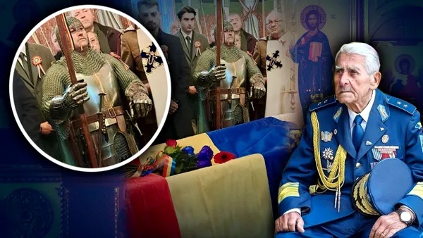 Imagini de la înmormântarea generalului Theodoru, cercetat la vârsta de 101 ani pentru „răsturnarea ordinii constituționale”. Un participant a venit în armură medievală. Discurs controversat al fiicei