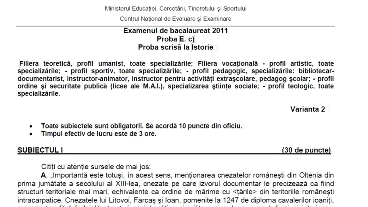 BAC 2012 SESIUNEA A DOUA - ISTORIE. SUBIECTELE la ISTORIE de la BAC 2011 SESIUNEA A DOUA
