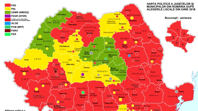 Harta politică a României după alegerile locale din 2016/ Matematica votului într-un singur tur a adus rezultate previzibile: Cum s-a împărțit electoratul între PSD și PNL