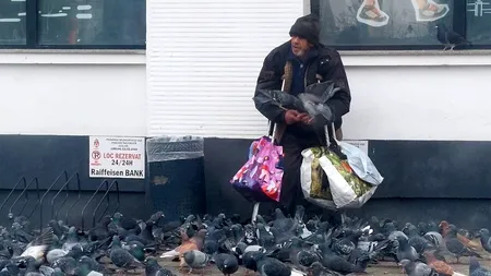 Adevărul din spatele acestor imagini. Cine e, de fapt, cerșetorul din Iași care hrănește porumbeii