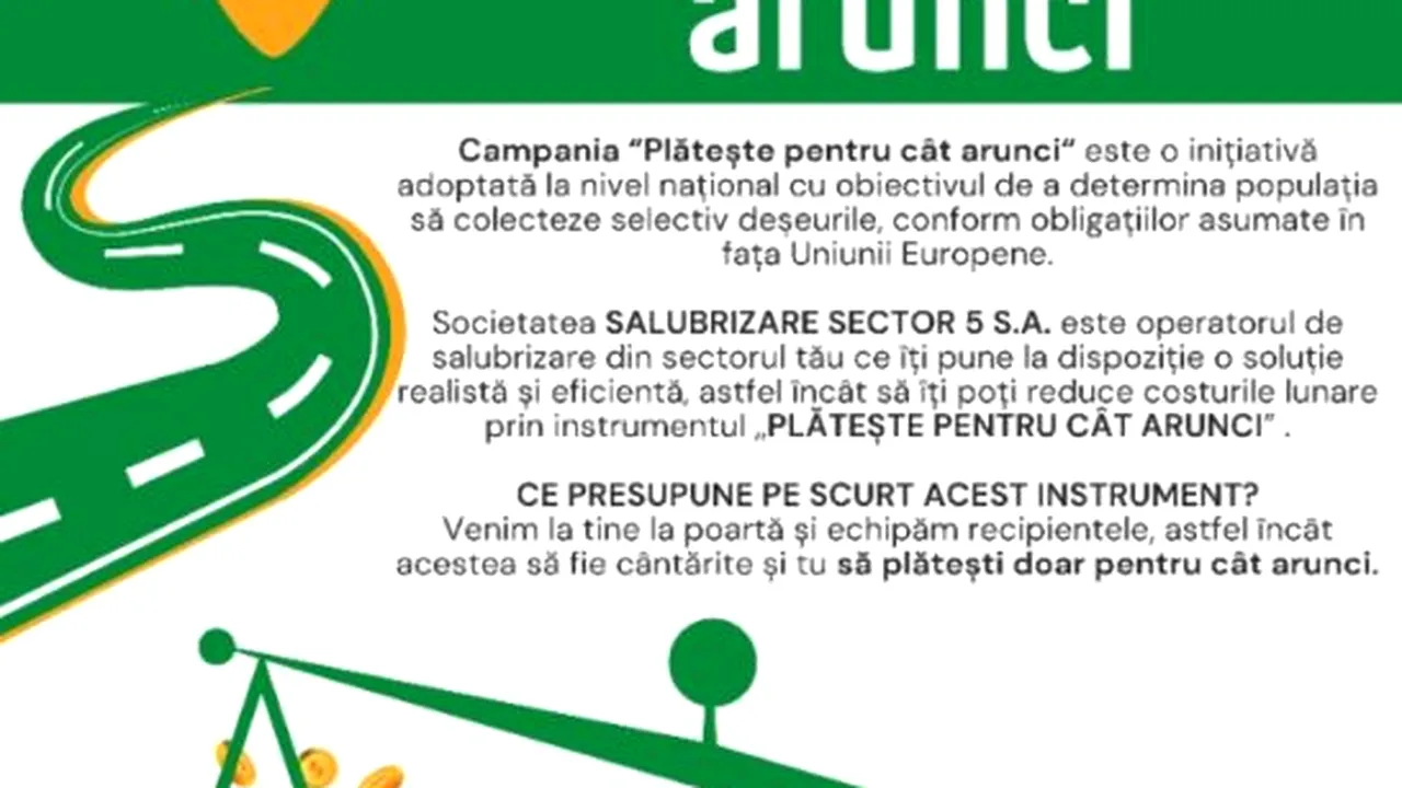 Din 1 februarie, SALUBRIZARE 5 lansează programul „Plătește pentru cât arunci” - cetățenii vor plăti în funcție de cantitatea deșeurilor produse (P)