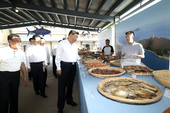 Xi Jinping inspectează peștele pescuit și fructele uscate de mare din satul Aojiao din comitatul Dongshan, provincia chineză Fujian. Sursa Foto: Profimedia 