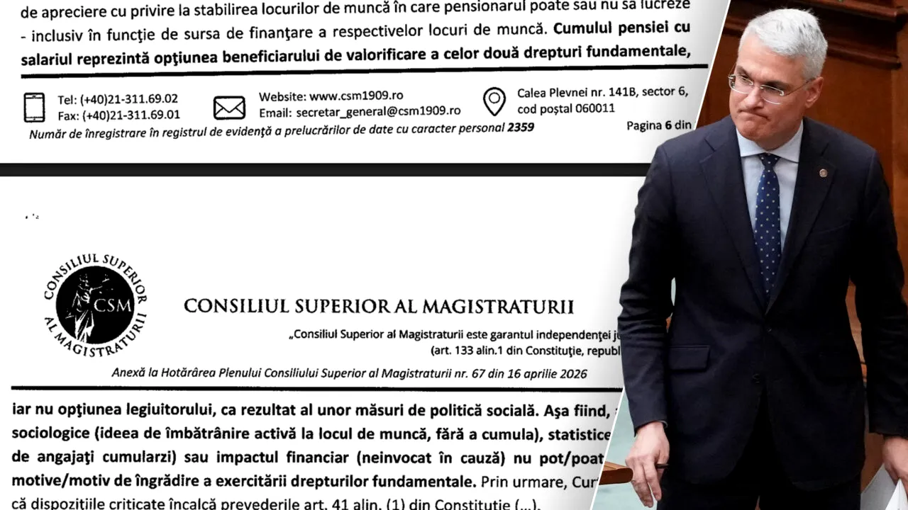 DOCUMENT. Surse: CSM desființează proiectul cu care se laudă Pîslaru de desființare a cumulului pensiei cu salariul: Sunt două drepturi fundamentale care nu pot fi îngrădite