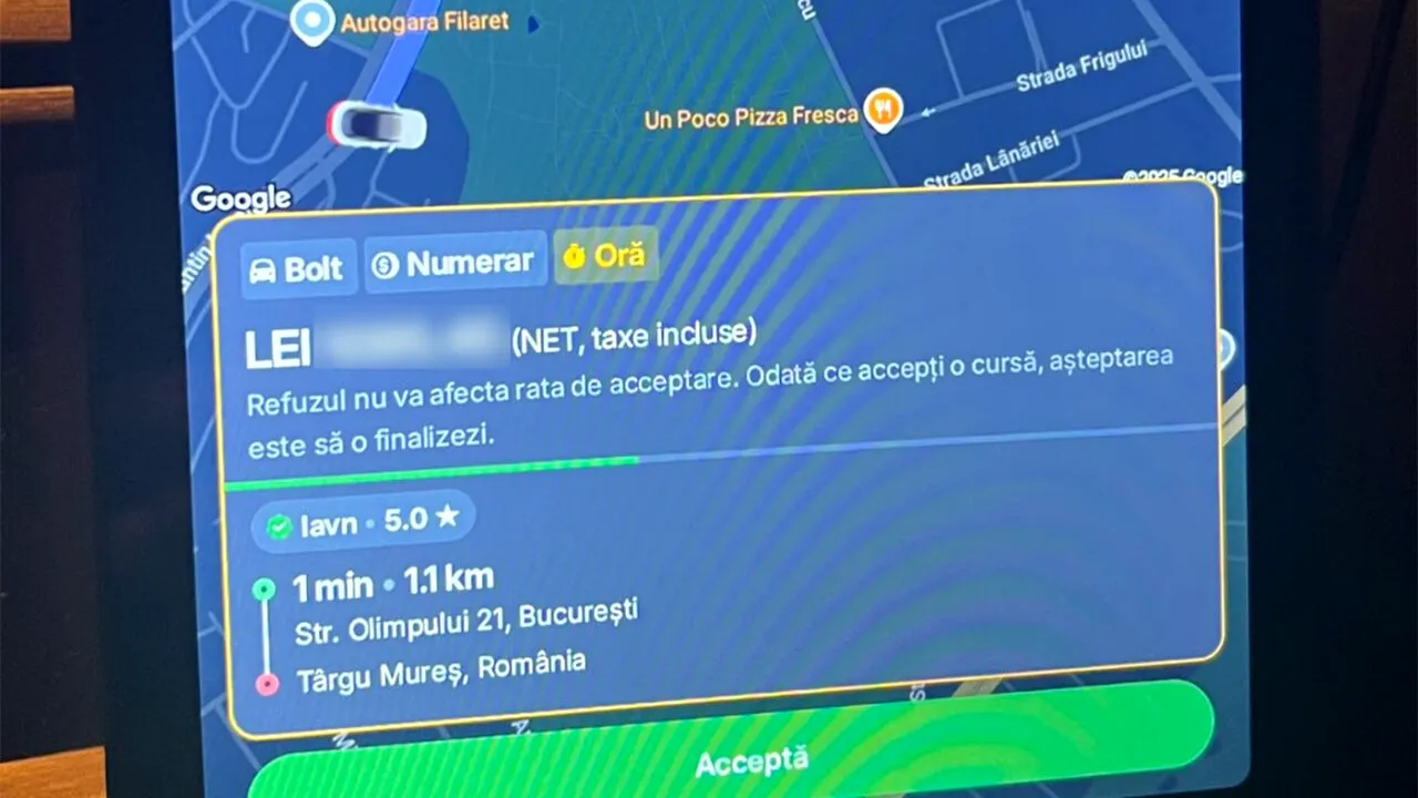 Cât a plătit un client pentru o cursă BOLT de 5 ore, din București până în Târgu Mureș