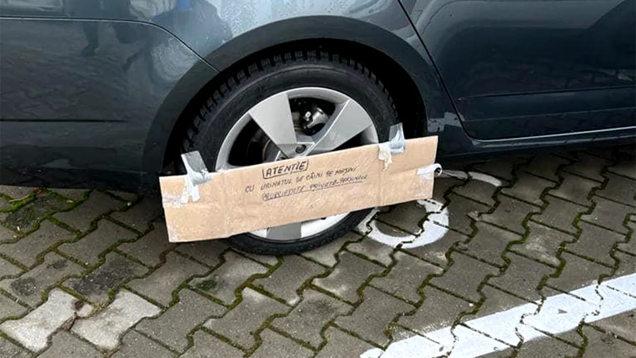 Râzi cu lacrimi! Ce mesaj absurd a scris un șofer clujean pe un carton fixat pe roata mașinii sale