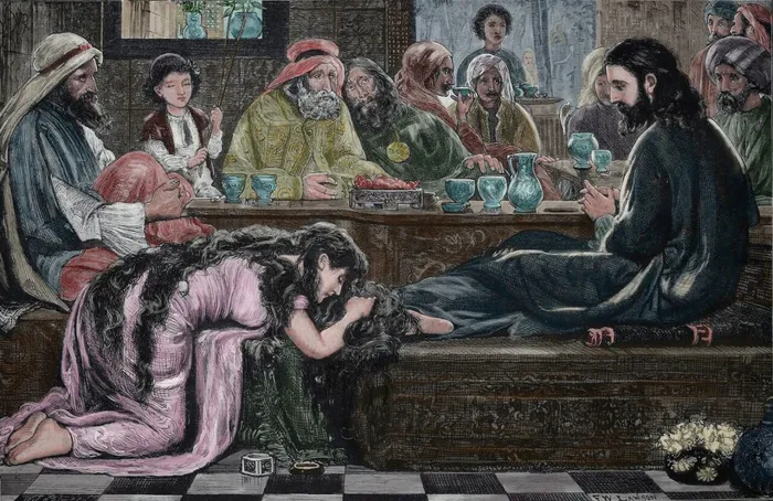 „Iisus și femeia păcătoasă în casa fariseului” , o gravură colorată din secolul al XIX-lea, care ilustrează o scenă din Noul Testament în care Iisus este întâmpinat și spălat cu umilință și căință de o femeie păcătoasă în casa unui fariseu. 