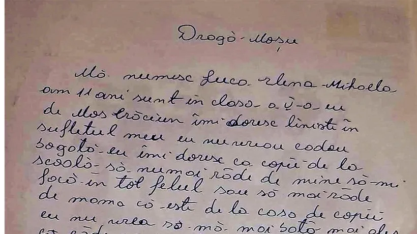 Scrisoarea tulburătoare a Elenei, o elevă de 11 ani din Prahova: Dragă Moșu', nu vreau cadouri. Ci doar colegii să nu mai zică de mama mea că e...