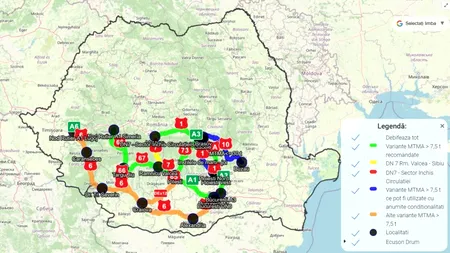 Harta cu informații în timp real despre aglomerația pe rutele ocolitoare ale DN 7, după ce traficul pe Valea Oltului se închide din 8 iulie