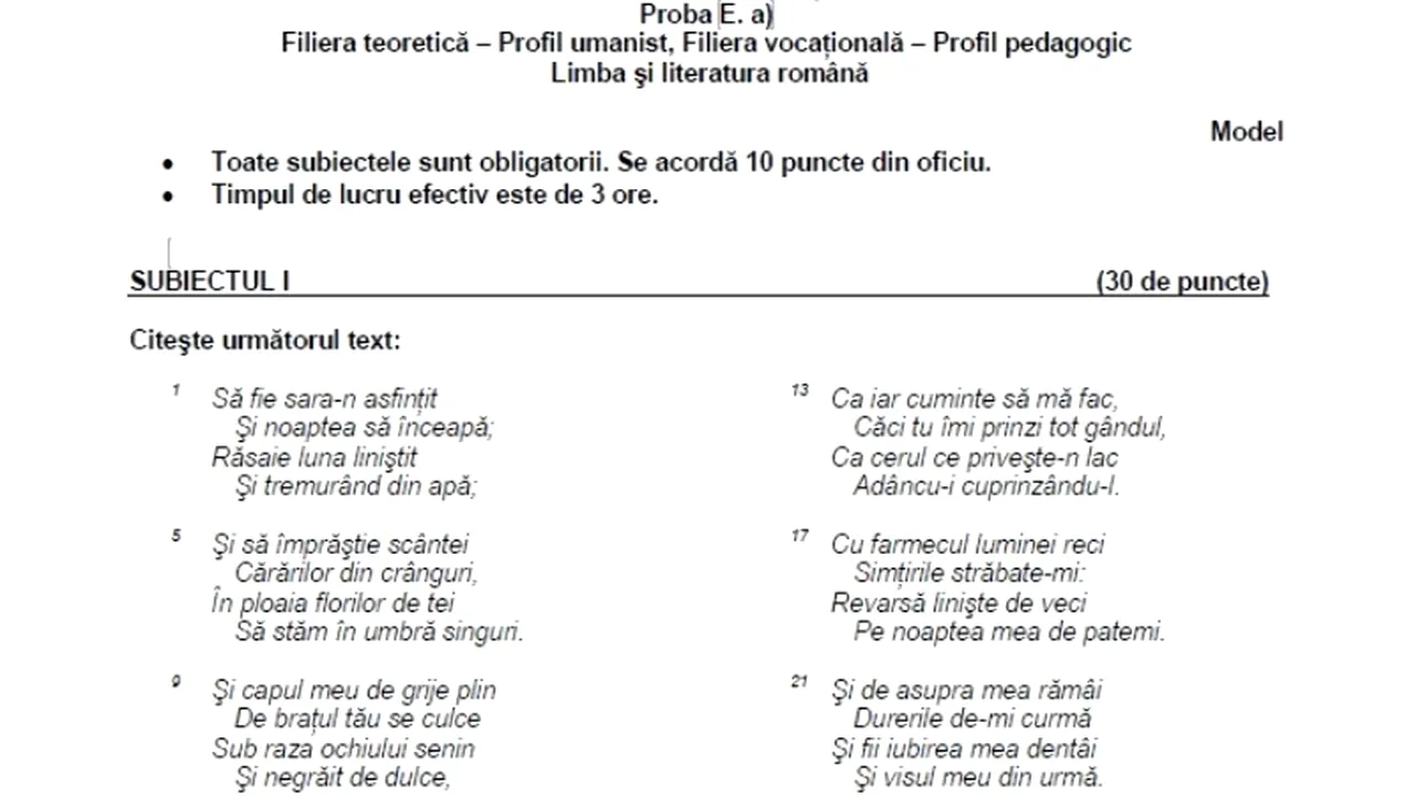SUBIECTE BAC 2013. Exemple de subiecte la Română la BACALAUREAT 2013