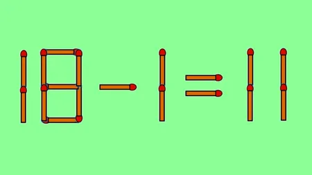 Test de inteligență | Mutați un singur chibrit, pentru a transforma 18 - 1 = 11 într-o egalitate corectă